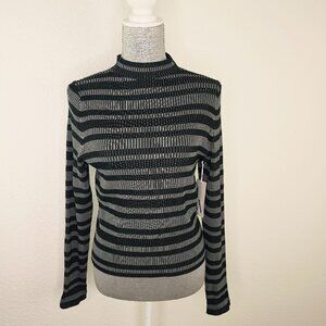Worthington Waffle Striped Classic Gray Black Mock Neck Sweater Top XL